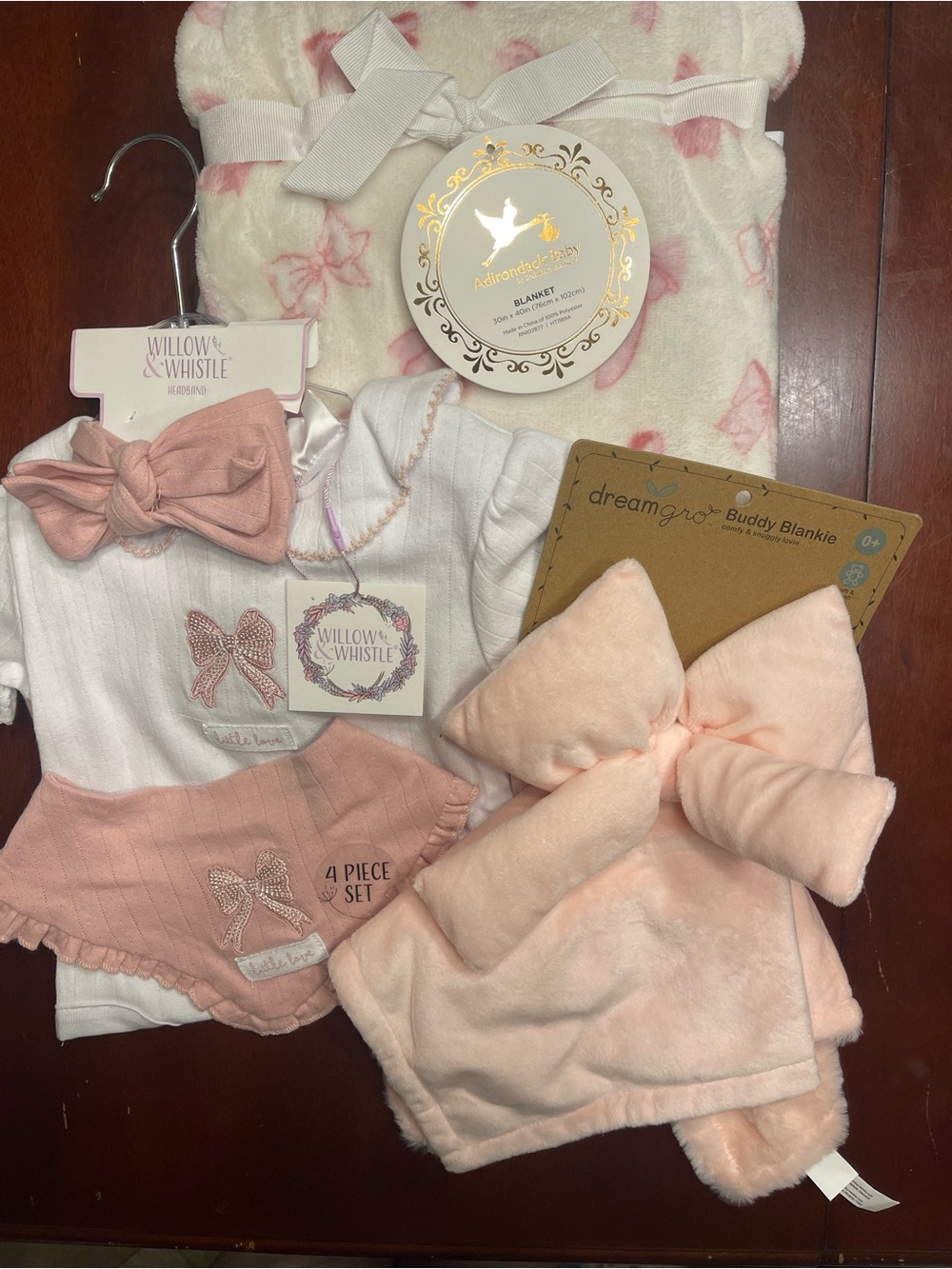 BUNDLE: Baby Girls 4-Piece Pink Bow Accessory Set with DreamGrows Pink Buddy